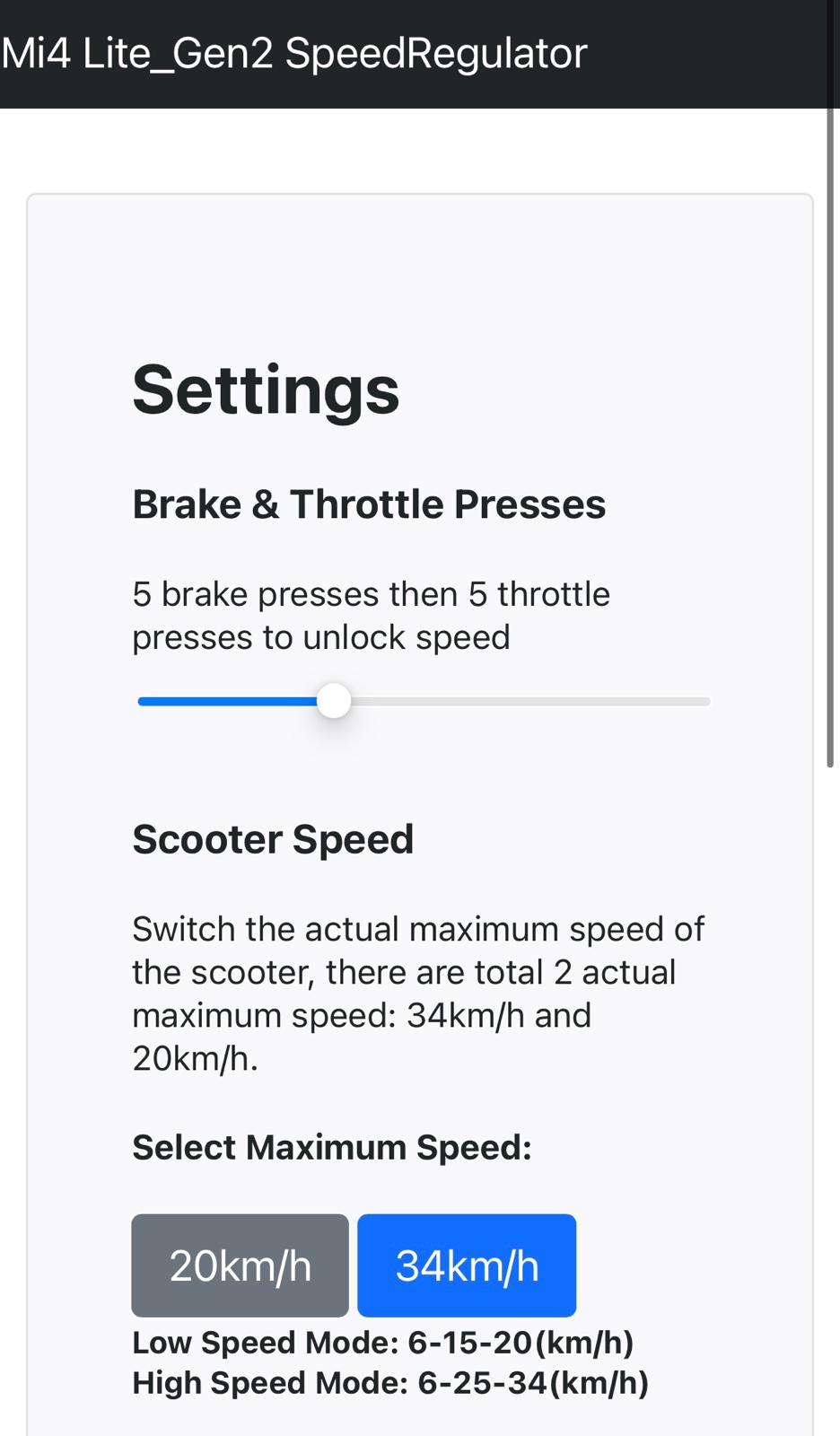 Configuration page: choose speed